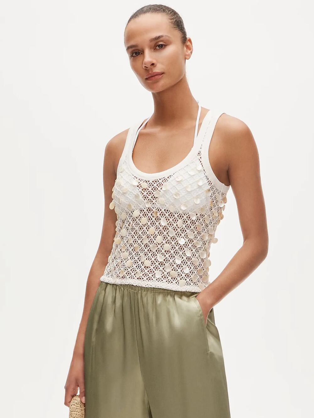 J.Crew NWT $98 Coastal Ivory Shell Embellished Open-Knit Tank Top Sz M Beach
